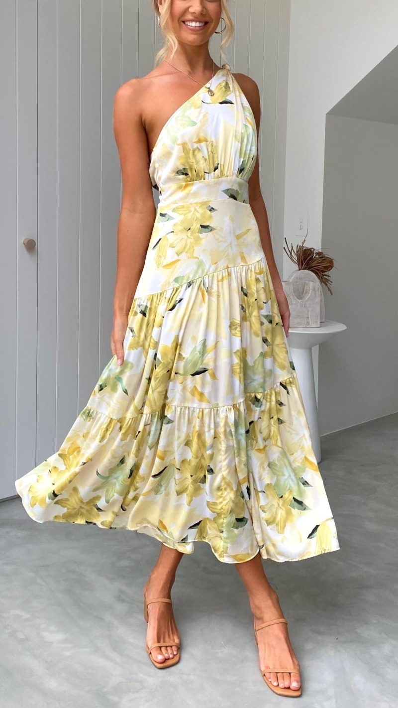 Toperth One-Shoulder Yellow Floral Maxi Dress – Toperth