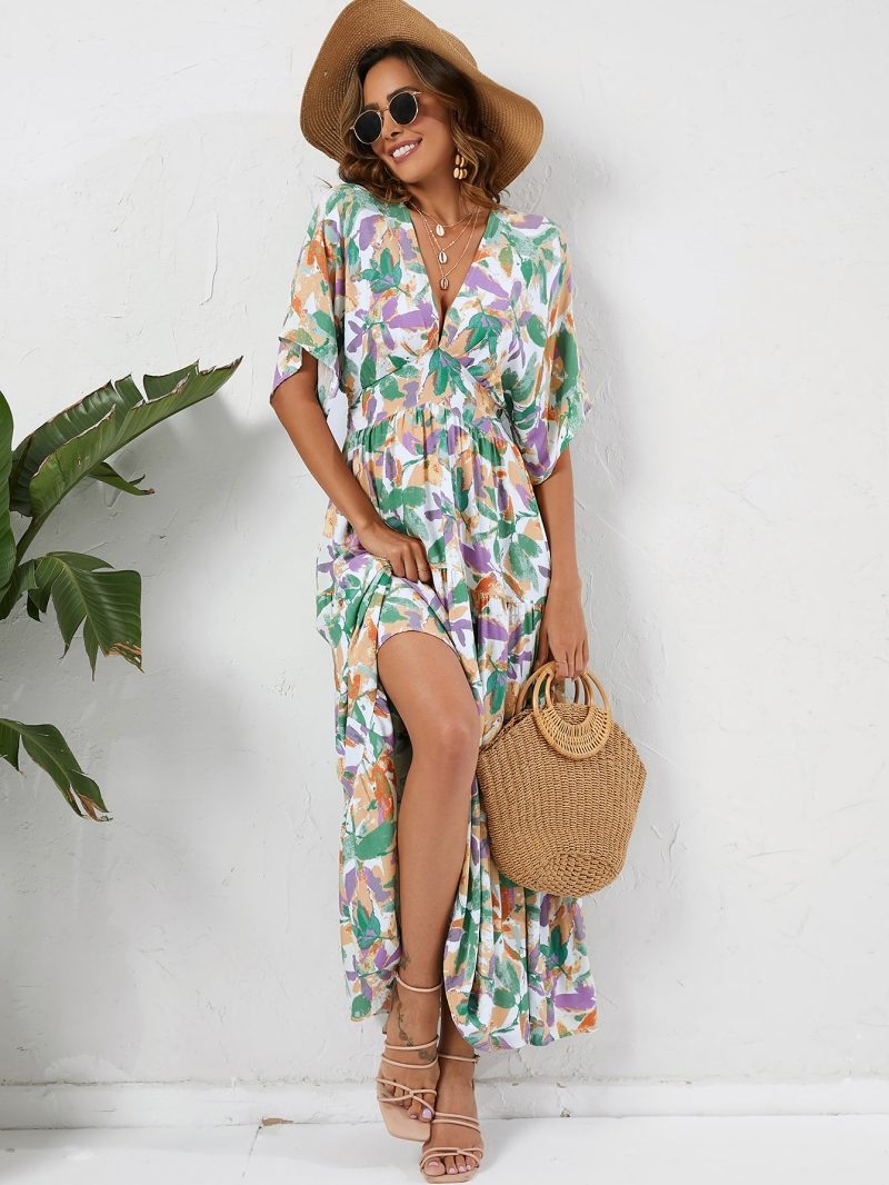 Toperth V-Neck in Lavender Floral Printed Maxi Dress – Toperth