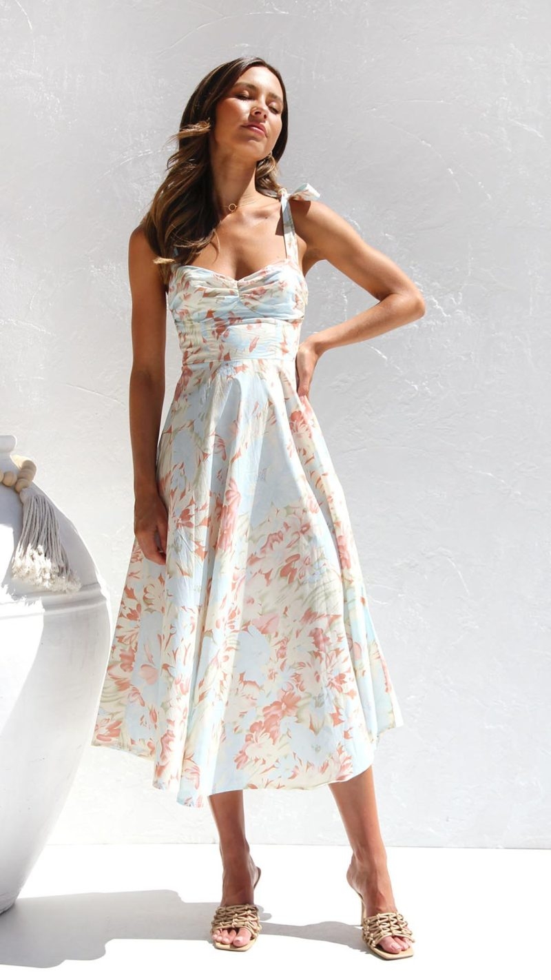 Toperth Floral Printed Tied Shoulder Midi Dress – Toperth