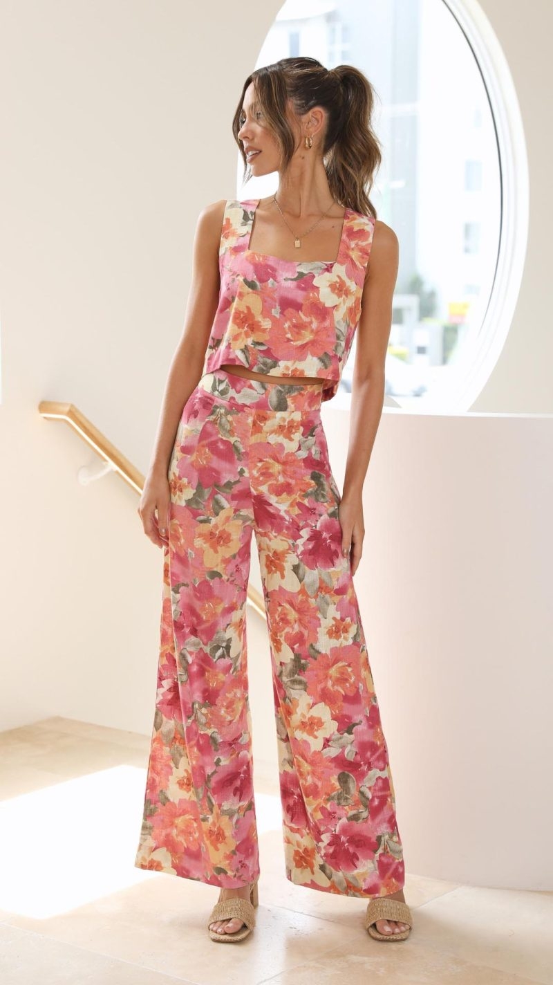Toperth Floral High-Waisted Wide Leg Two-Piece Set – Toperth