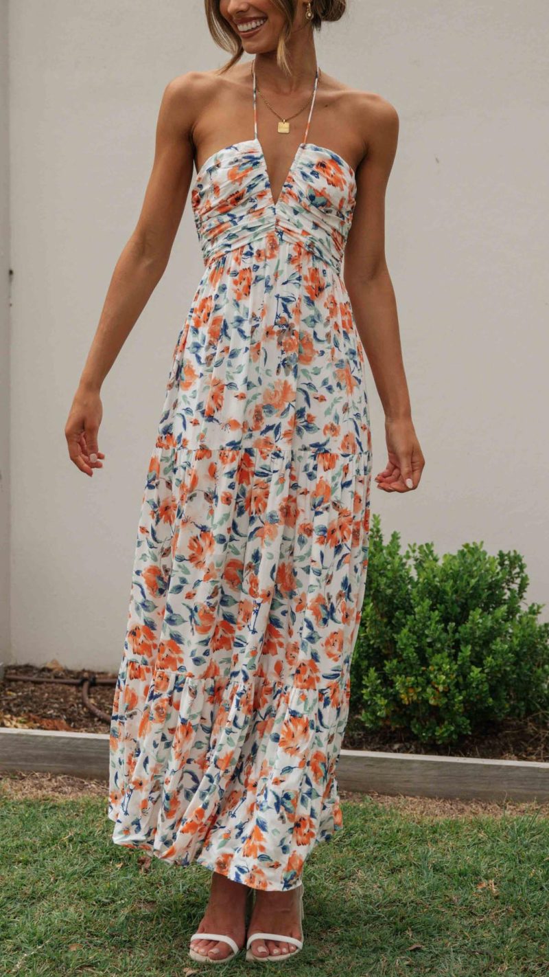 Halterneck Tiered Floral Shirred Waist Dress