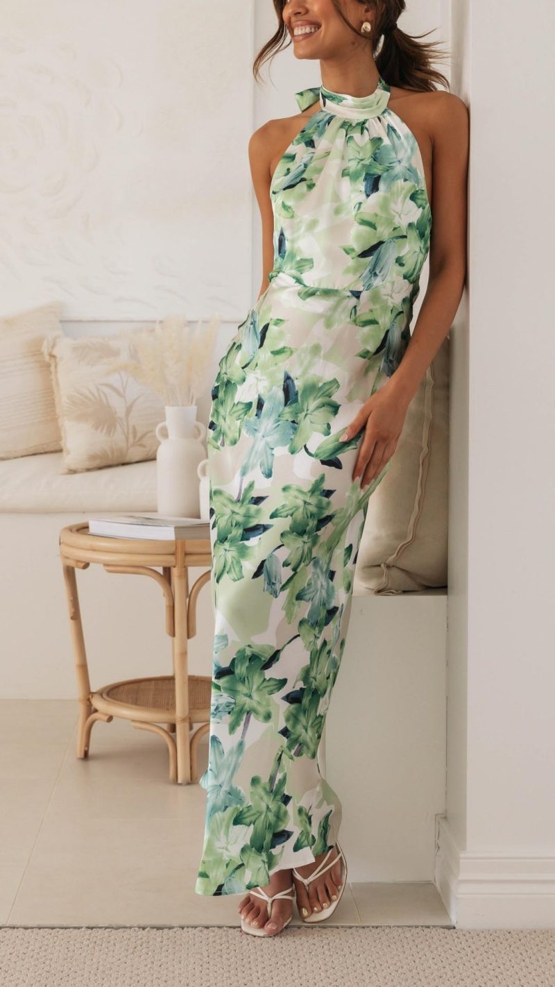 Toperth Green Floral Halter Open Back Maxi Dress – Toperth
