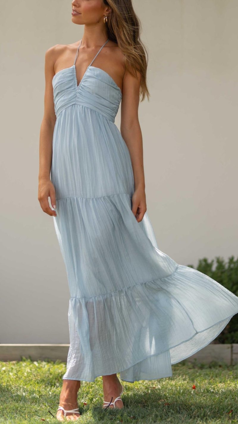 Toperth Bright Blue Ethereal Sheer Halter Tie Maxi Dress – Toperth