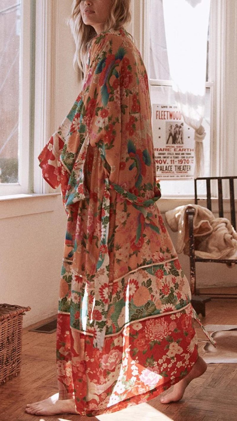 Toperth Orange Print Kimono Open Front Swimsuit Cover Up – Toperth