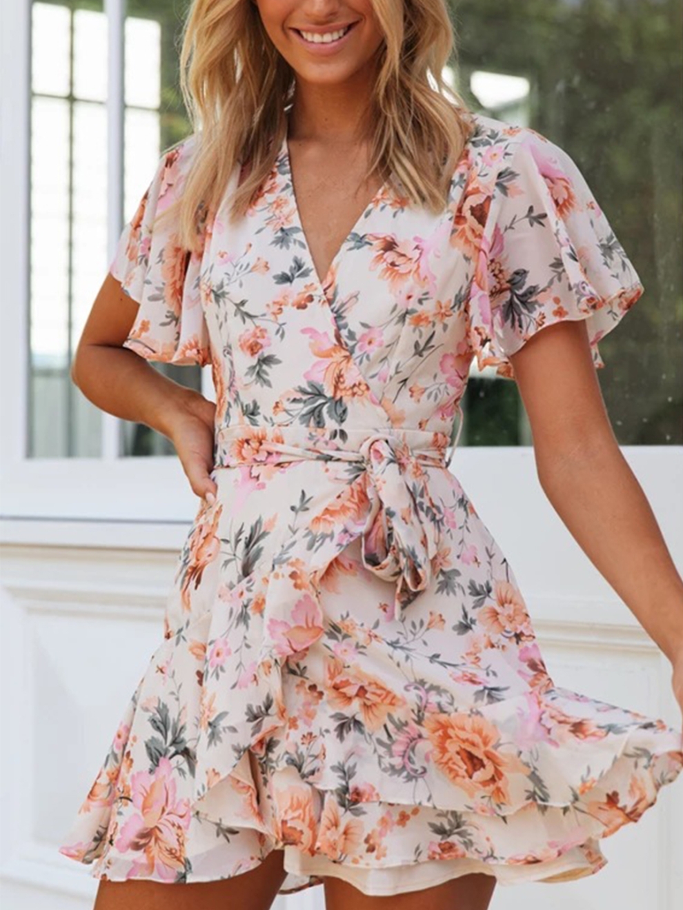 Printed Tie-Waist Keyhole Ruffle Hem Dress