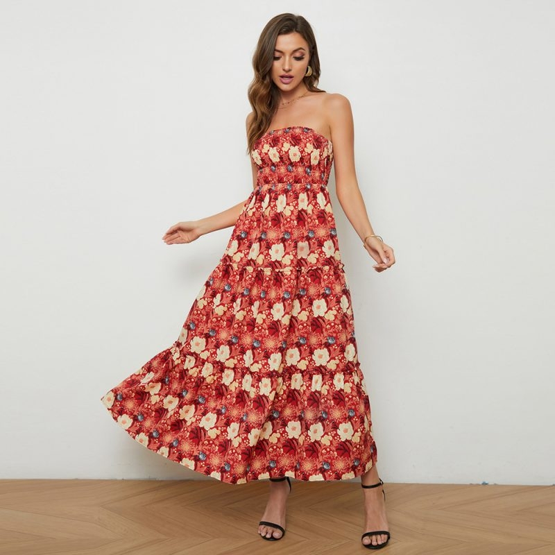 Toperth Red Floral Printed Strapless Low Back Maxi Dress – Toperth