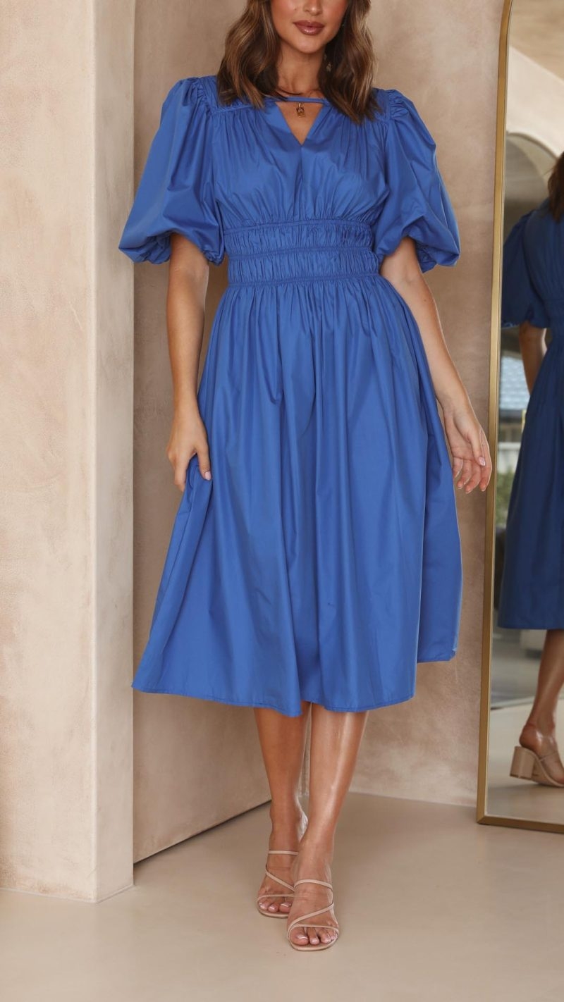 Toperth Solid Puff Sleeves Elasticated Waist Midi Dress – Toperth