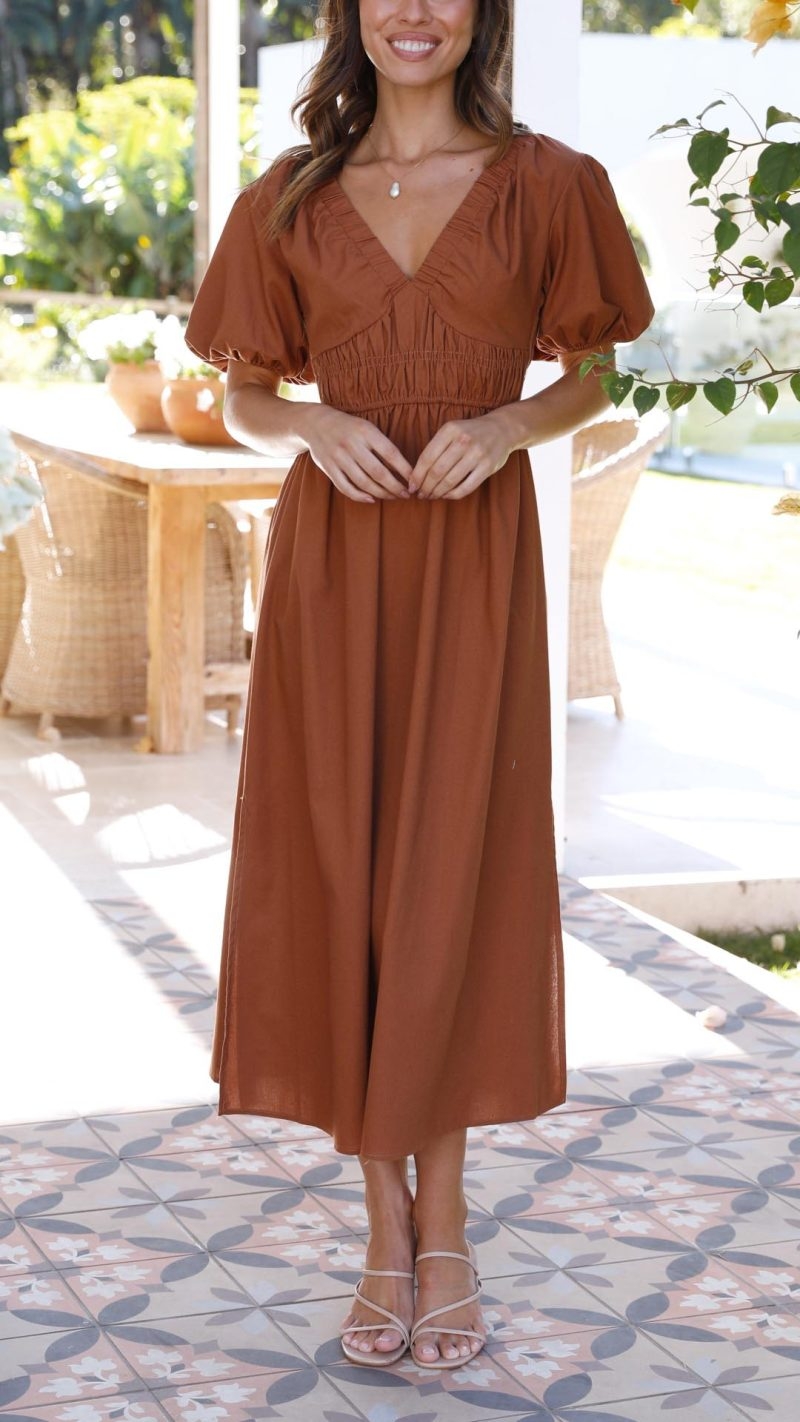 Toperth Relaxed V Neckline Balloon Sleeves Maxi Dress – Toperth