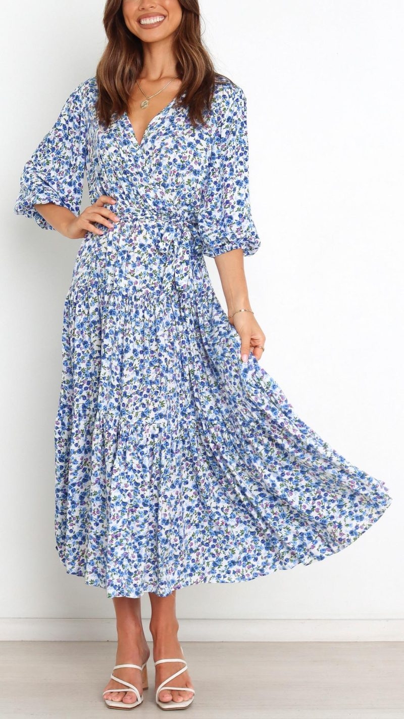 Toperth Blue V-Neck Floral Wrap Midi Dress – Toperth