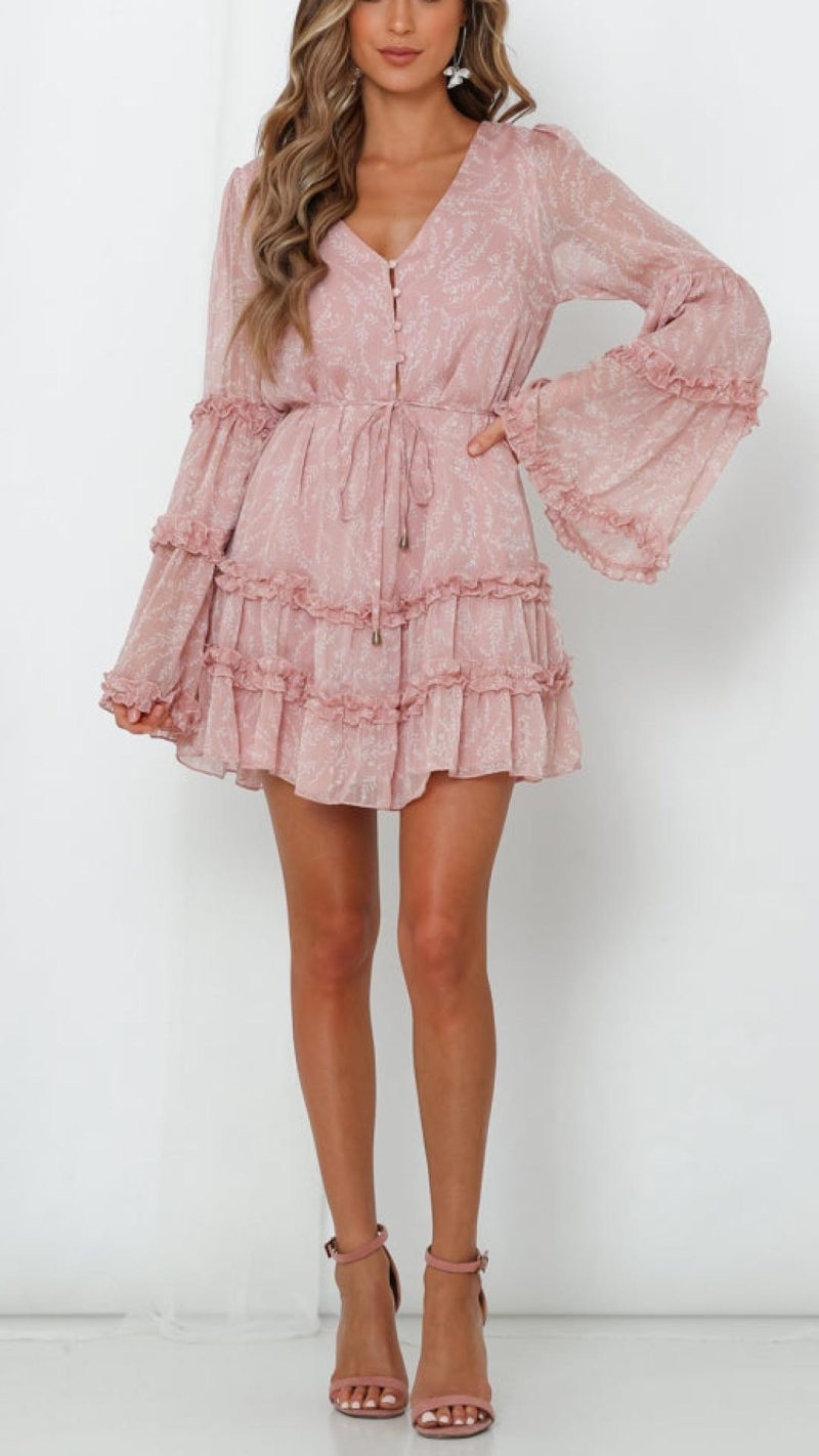 Toperth Pink Print Tiered Ruffle Sleeves Mini Dress – Toperth