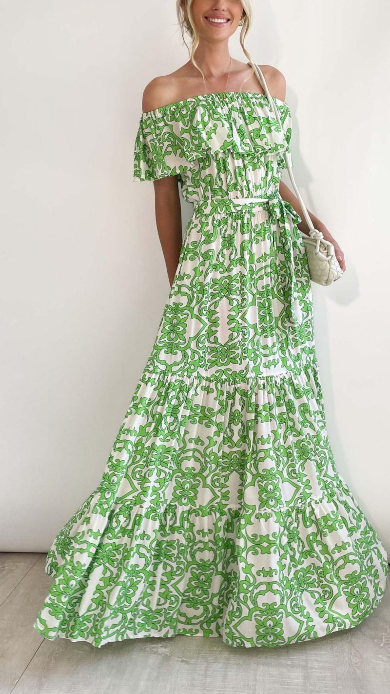 Toperth Green Paisley Floral Printed Off Shoulder Maxi Dress – Toperth