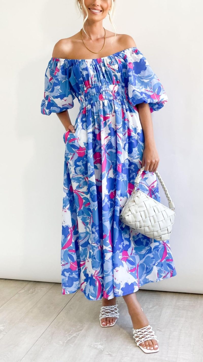 Toperth Off-Shoulder Blue Floral Printed Mid Sleeve Maxi Dress – Toperth