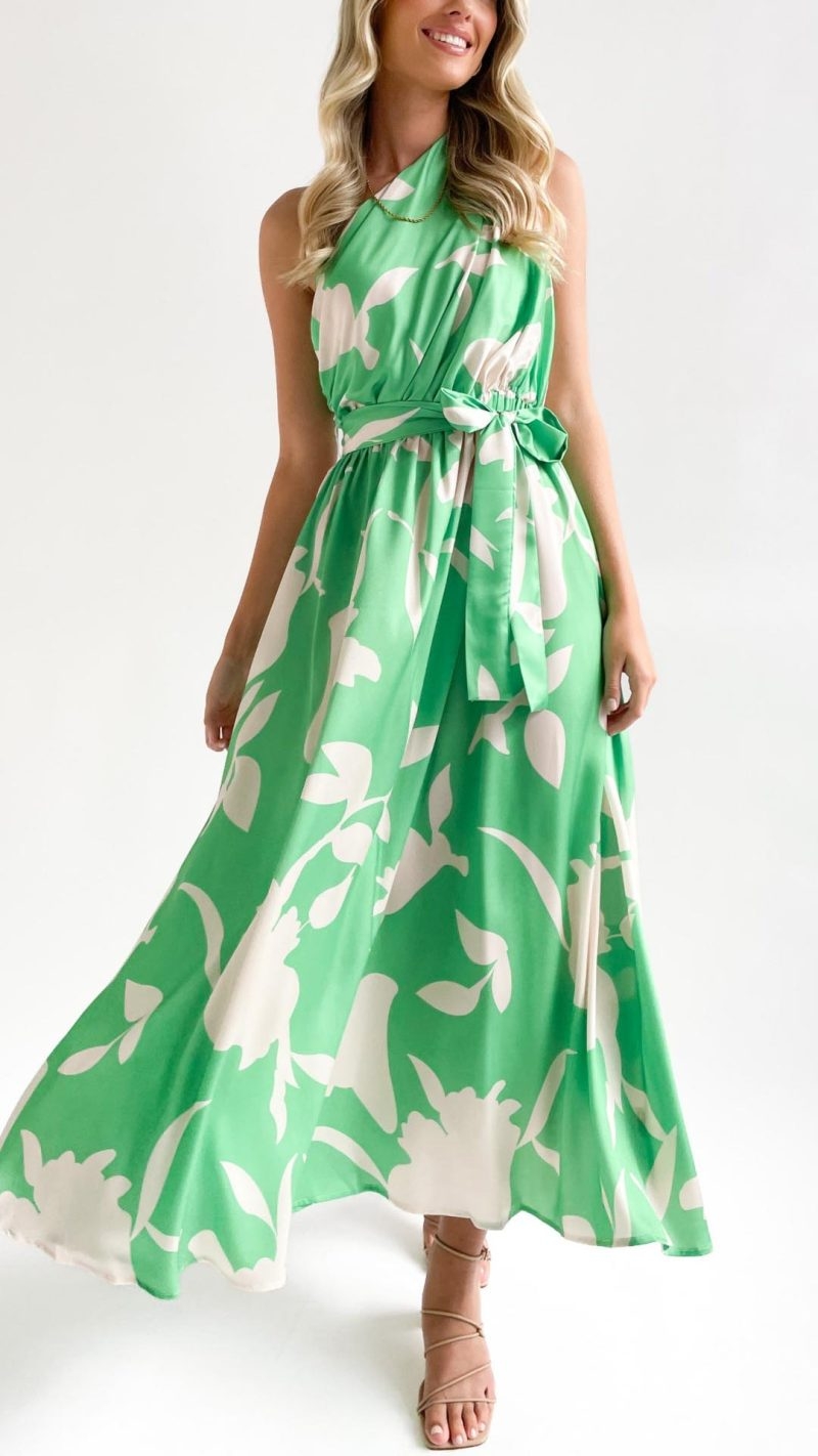 Toperth Asymmetrical Neckline Elasticated Waistline Printed Maxi Dress – Toperth