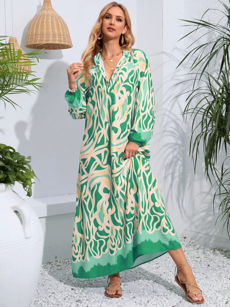 Toperth Abstract Print Buttoned Balloon Sleeve Maxi Dress – Toperth