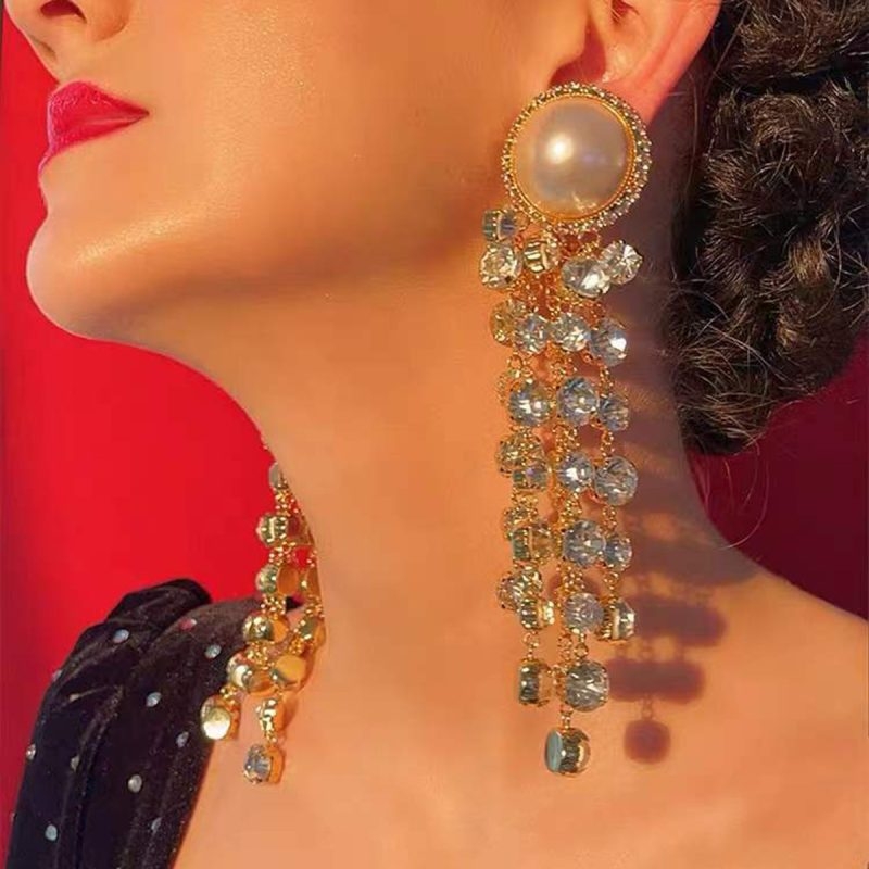 Toperth Vintage Rhinestones Statement Big Pearls Tassels Earrings – Toperth