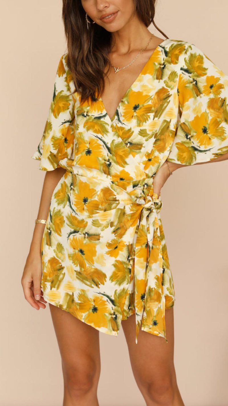 Toperth Yellow Floral Printed Frilled Short Sleeves Rompers – Toperth