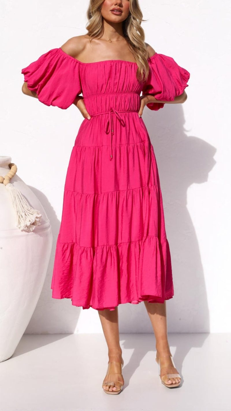 Toperth Off Shoulder Puff Sleeve Solid Belted Maxi Dress – Toperth