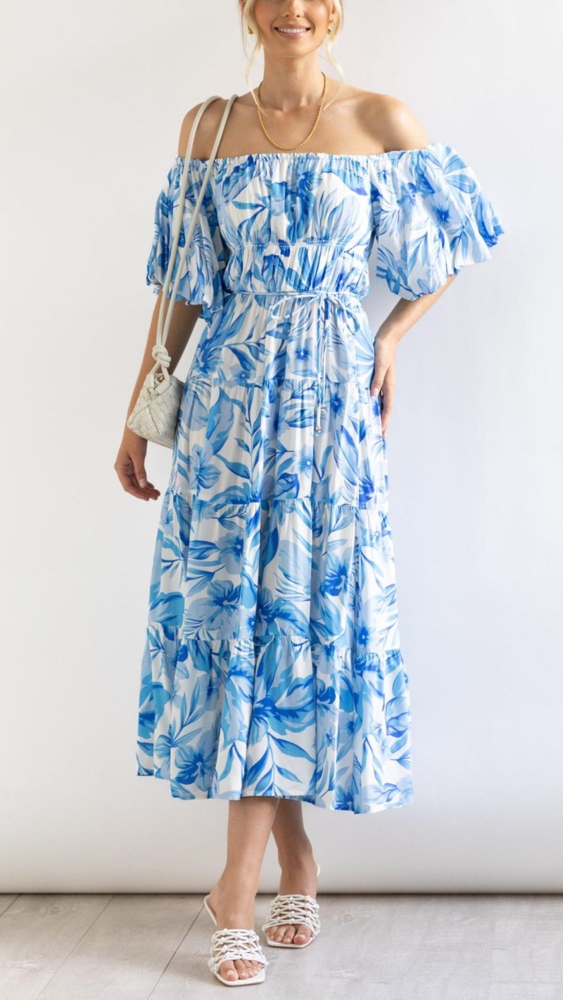 Toperth Blue Floral Printed Off Shoulder Midi Dress – Toperth