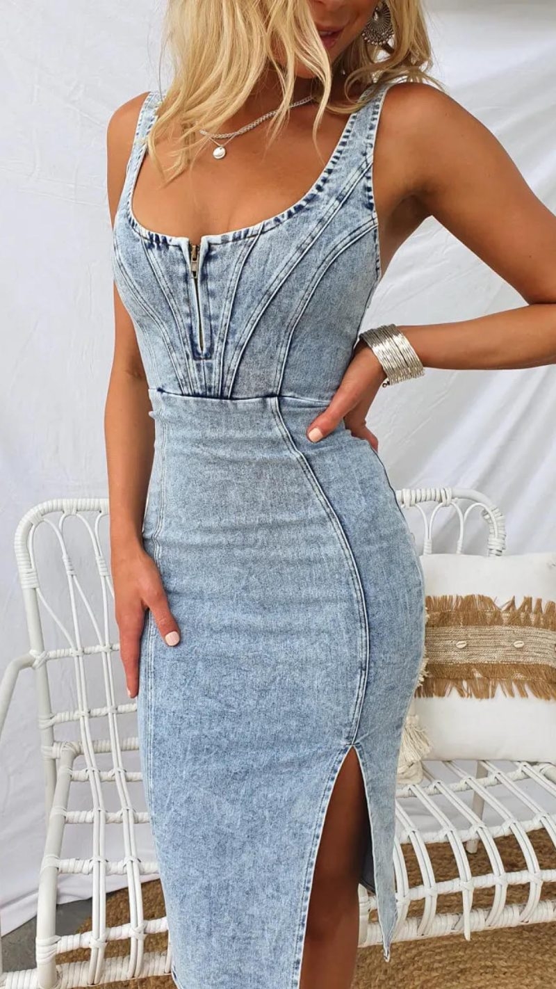 Toperth Slit & Stitched Detailing Denim Midi Dress – Toperth