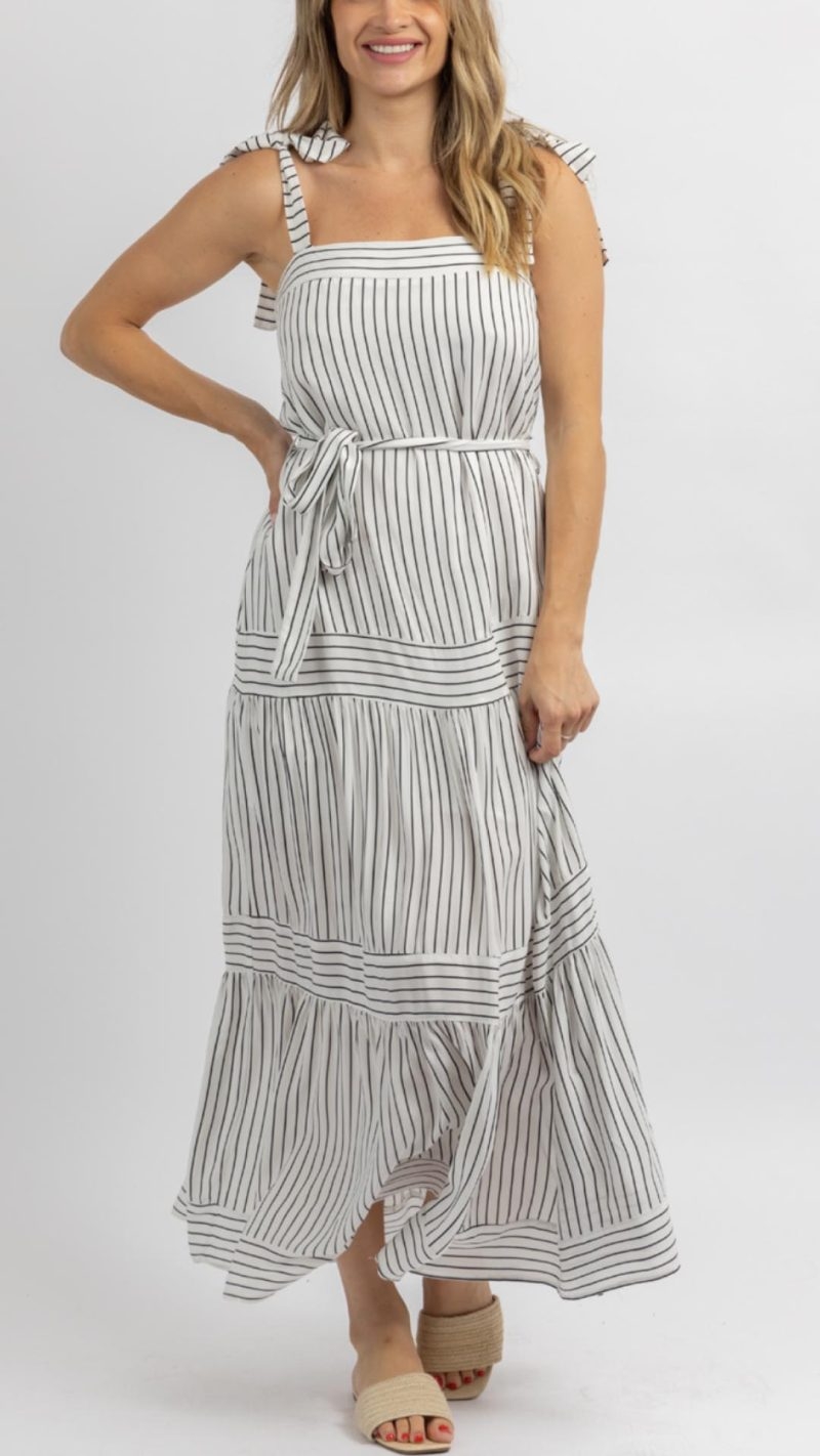 Toperth White Pinstripe Tie Belt Sleeveless Maxi Dress – Toperth
