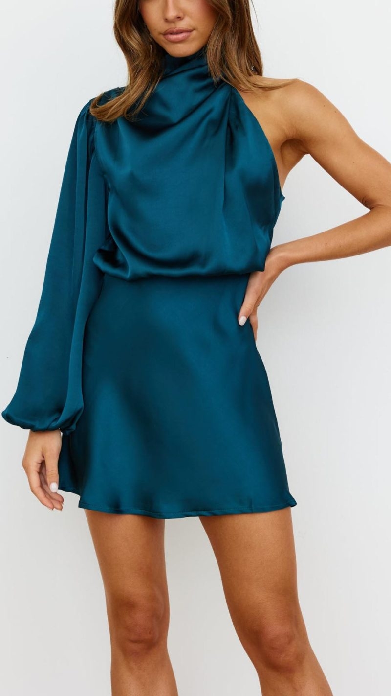 Toperth Solid High Neckline One Long Sleeve Mini Dress – Toperth