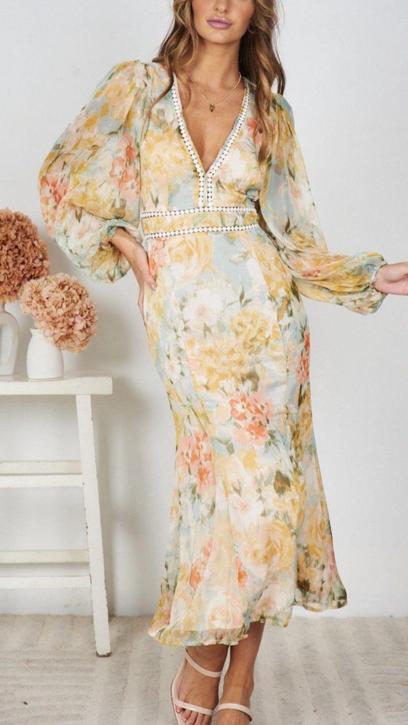 Toperth Plunge Neckline & Full-Length Sleeves Floral Maxi Dress – Toperth
