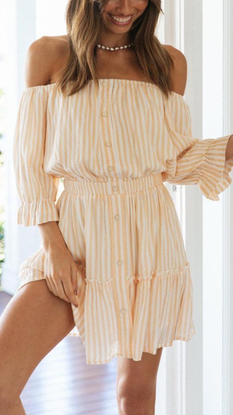 Toperth Striped Off Shoulder Front Button-Down Mini Dress – Toperth