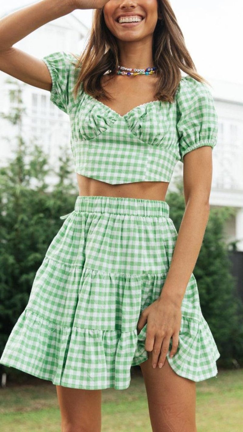 Toperth Green Plaid Crop Top and Skirt Sets Two-Piece Set – Toperth