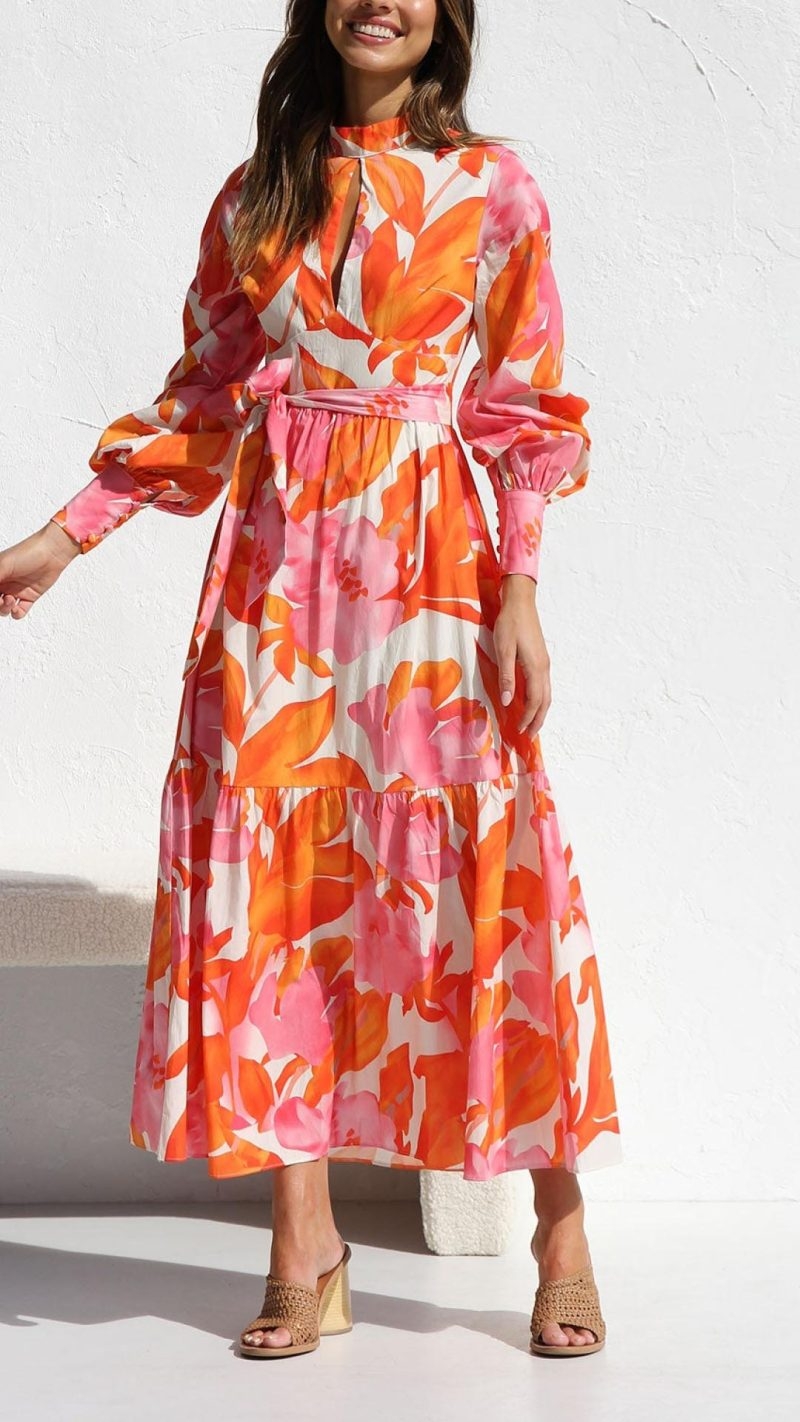 Toperth Balloon Sleeves & Tiered Skirt Multi-Print Maxi Dress – Toperth