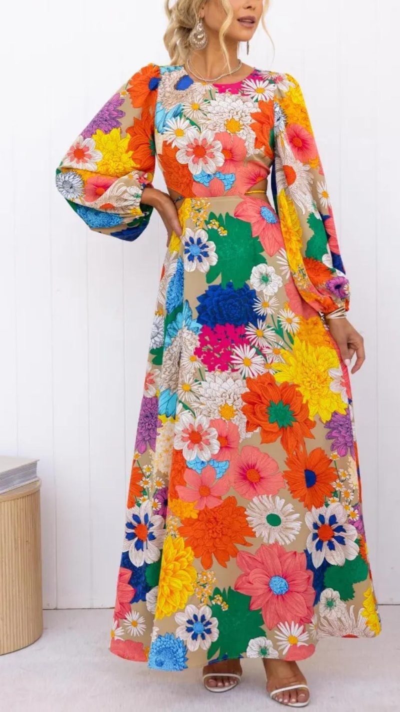 Toperth Open Back & Elastic Details Floral Print Maxi Dress – Toperth