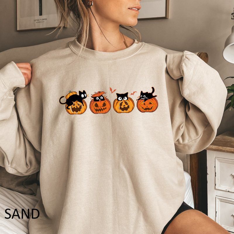 Toperth Halloween Spooky Black Cat and Pumpkin Sweatshirt – Toperth