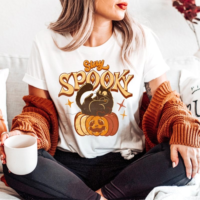 Toperth Halloween Stay Spooky Pumpkin Black Cat T-Shirt – Toperth