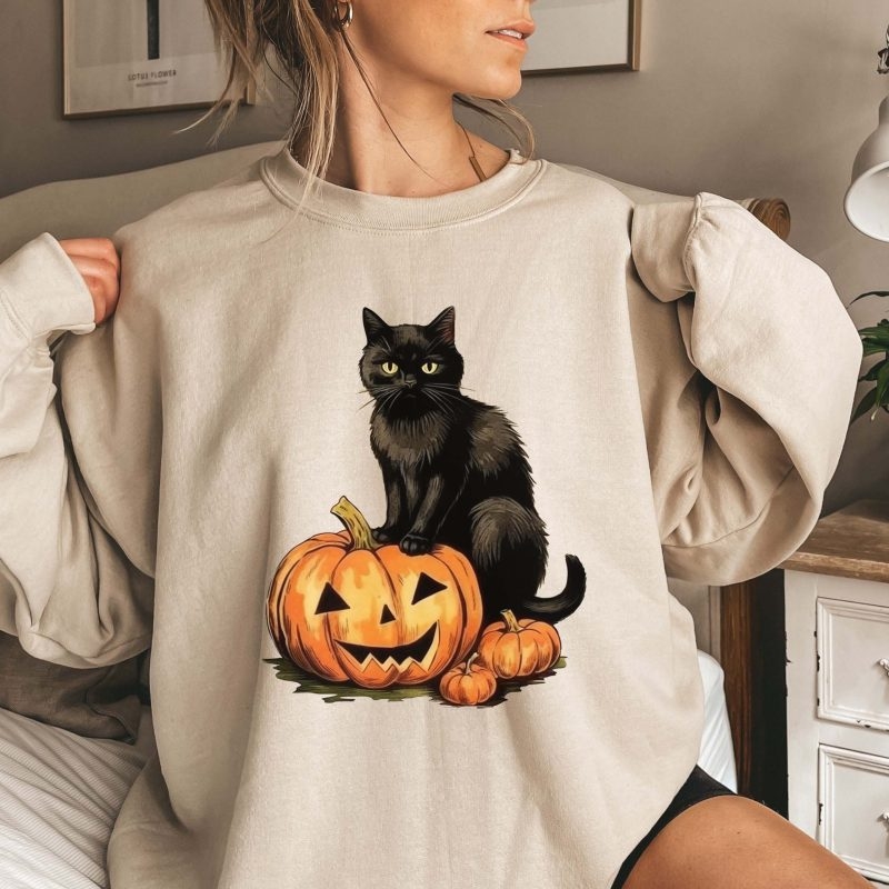 Toperth Black Cat on Pumpkin Halloween Sweatshirt – Toperth