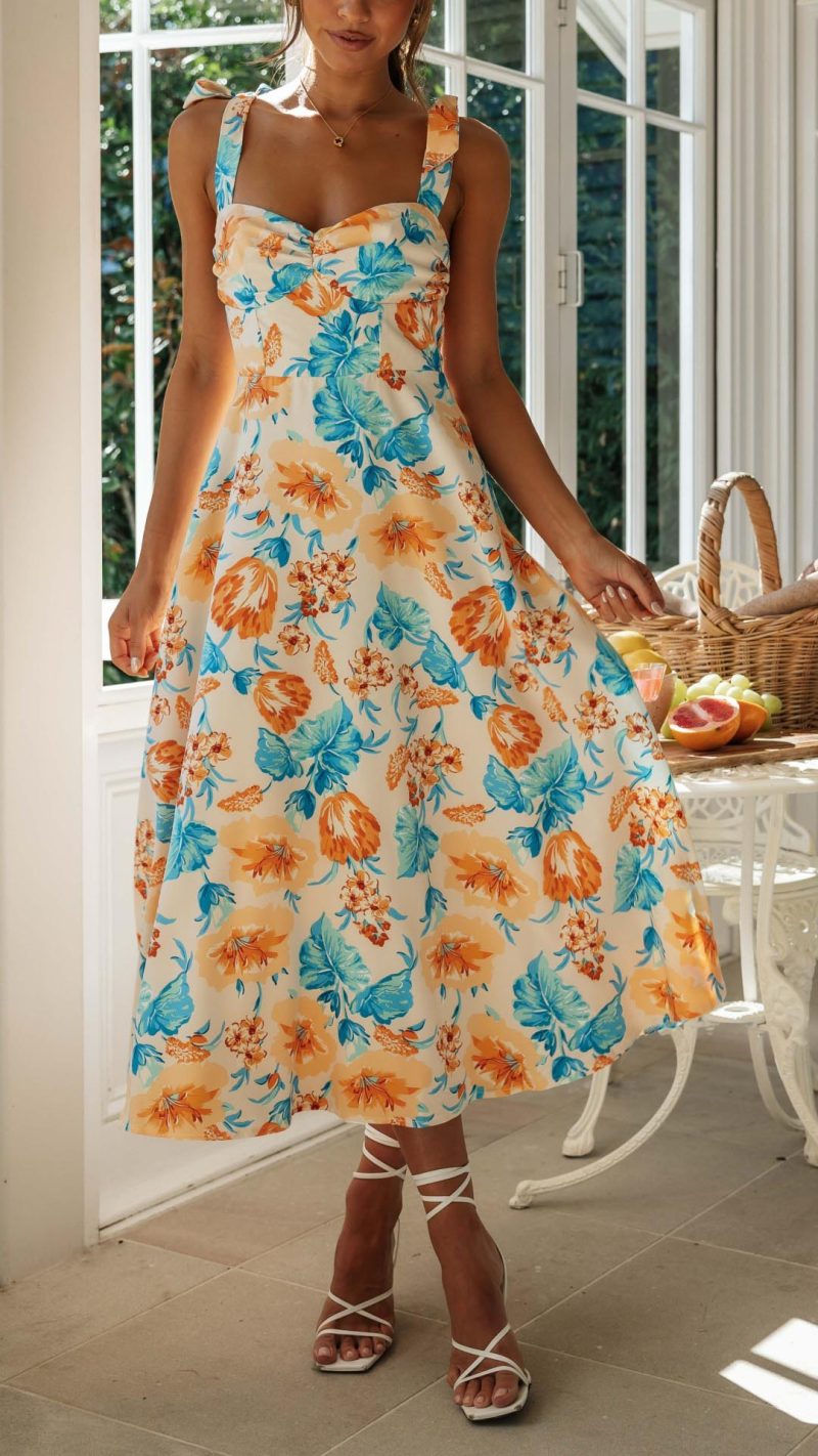 Toperth Peachy Cream Floral Tie-Strap Sweetheart Midi Dress – Toperth