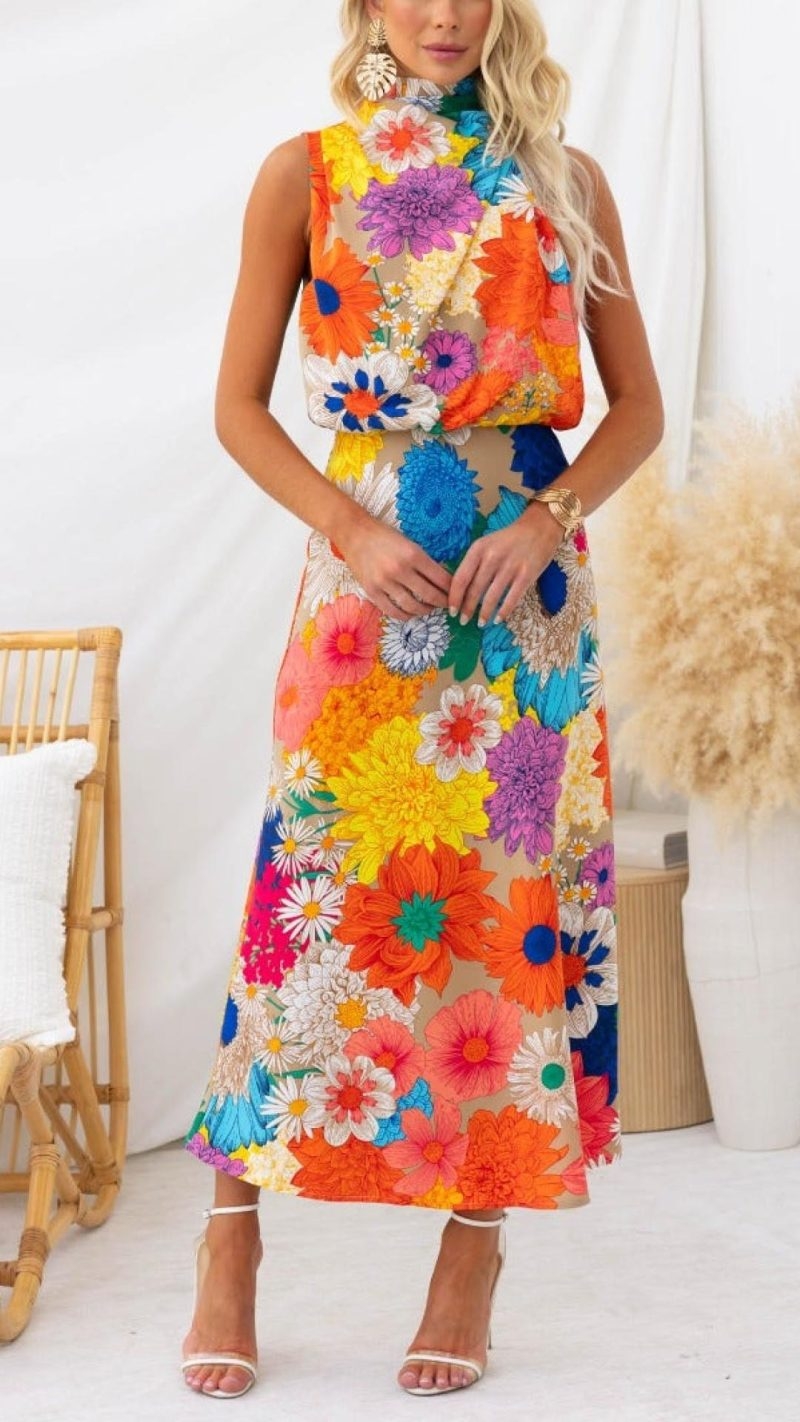 Toperth Floral Printed High Neckline Tie-Back Maxi Dress – Toperth