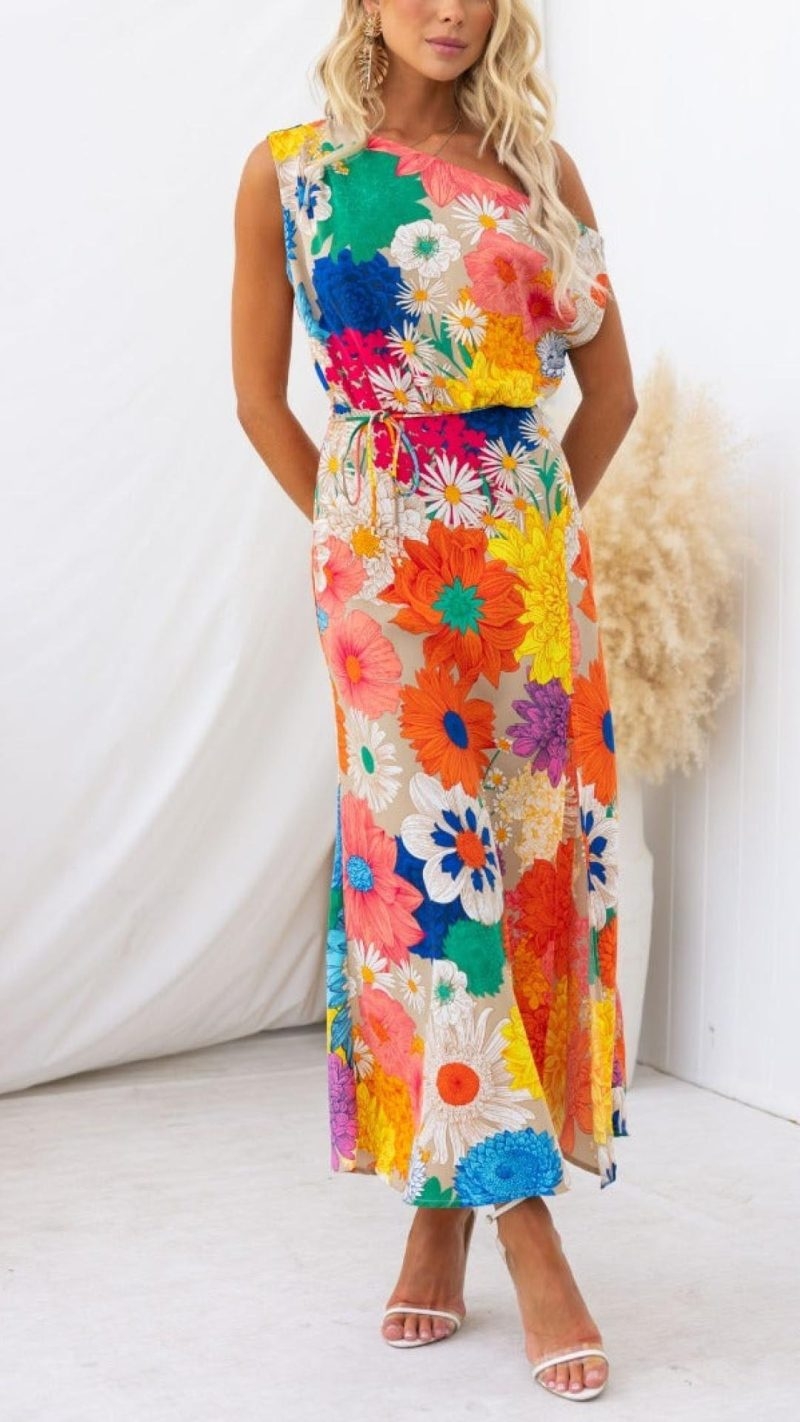 Toperth Floral Printed Asymmetric Neckline Maxi Dress – Toperth