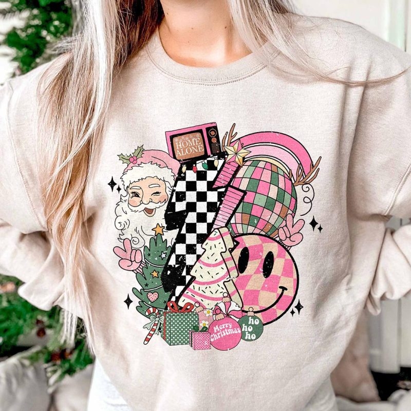 Toperth Retro Christmas Pink Santa Claus Vibes Sweatshirt – Toperth