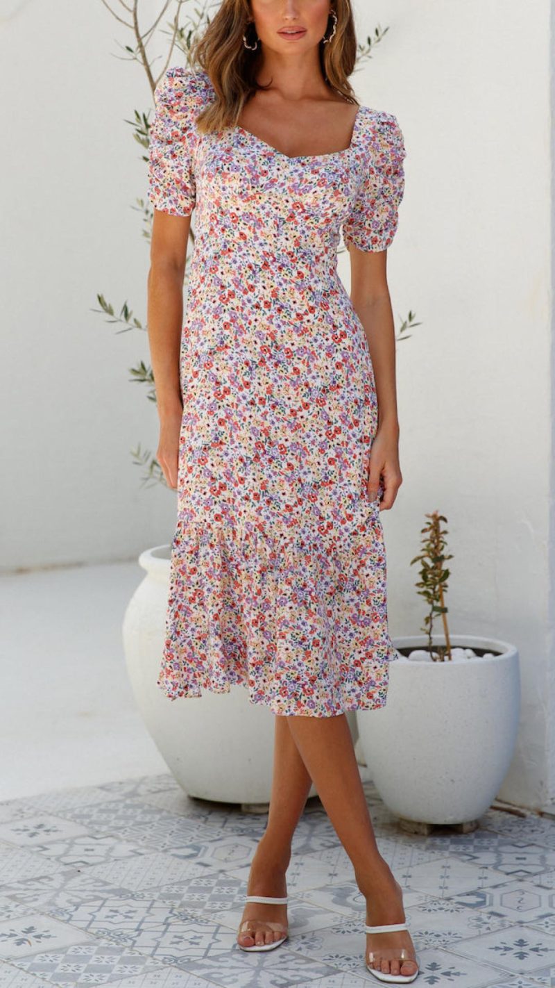 Toperth Floral Print Sweetheart Neck Puff Sleeve Ruched Midi Dress – Toperth