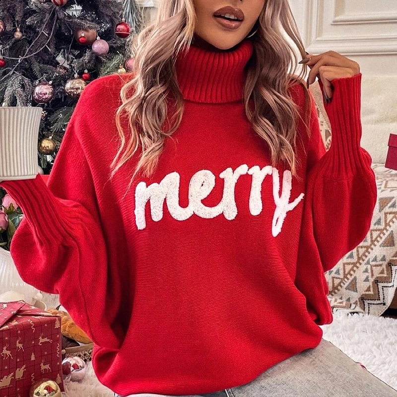 Toperth Red High-Neck Merry Pattern Turtleneck Sweater – Toperth
