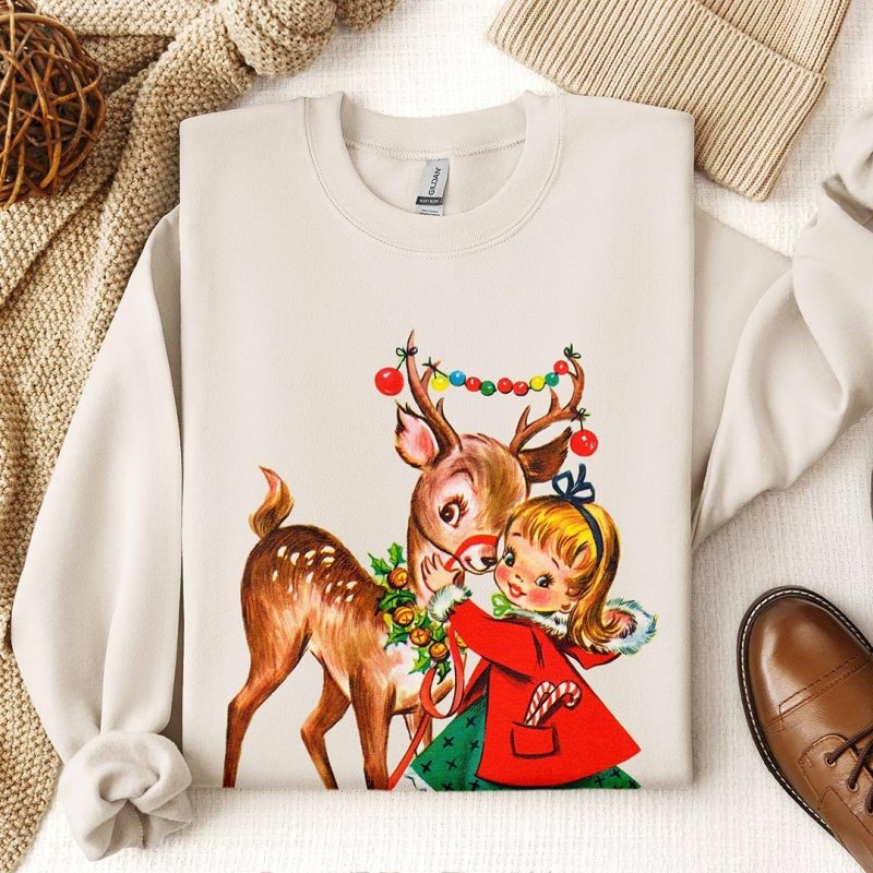 Toperth Vintage Cute Christmas Girl and Reindeer Sweatshirt – Toperth
