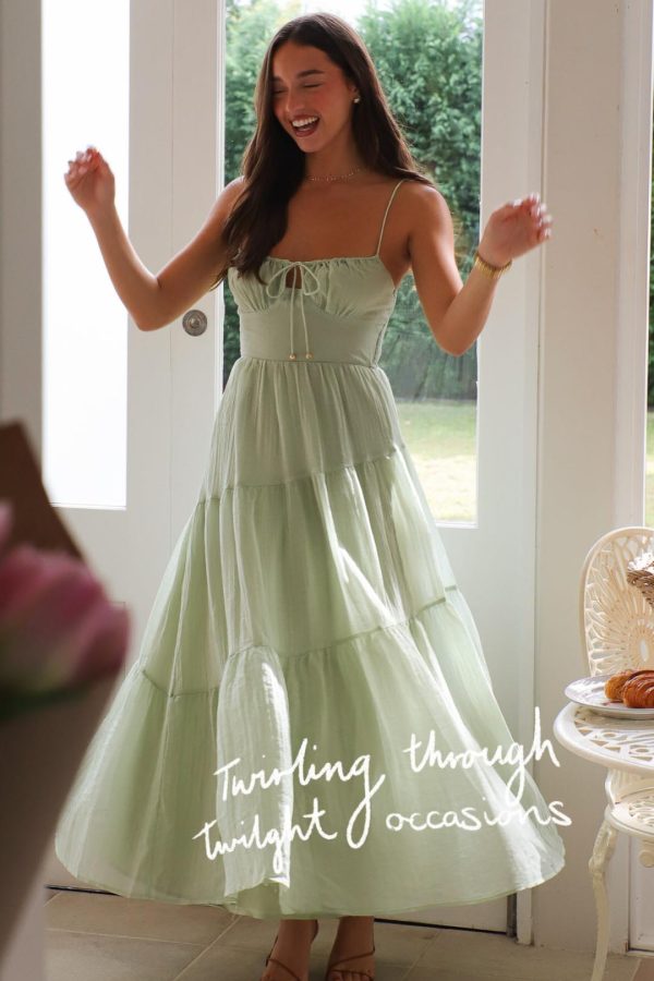 Toperth Green Sweetheart Neckline Tie-Up Maxi Dress