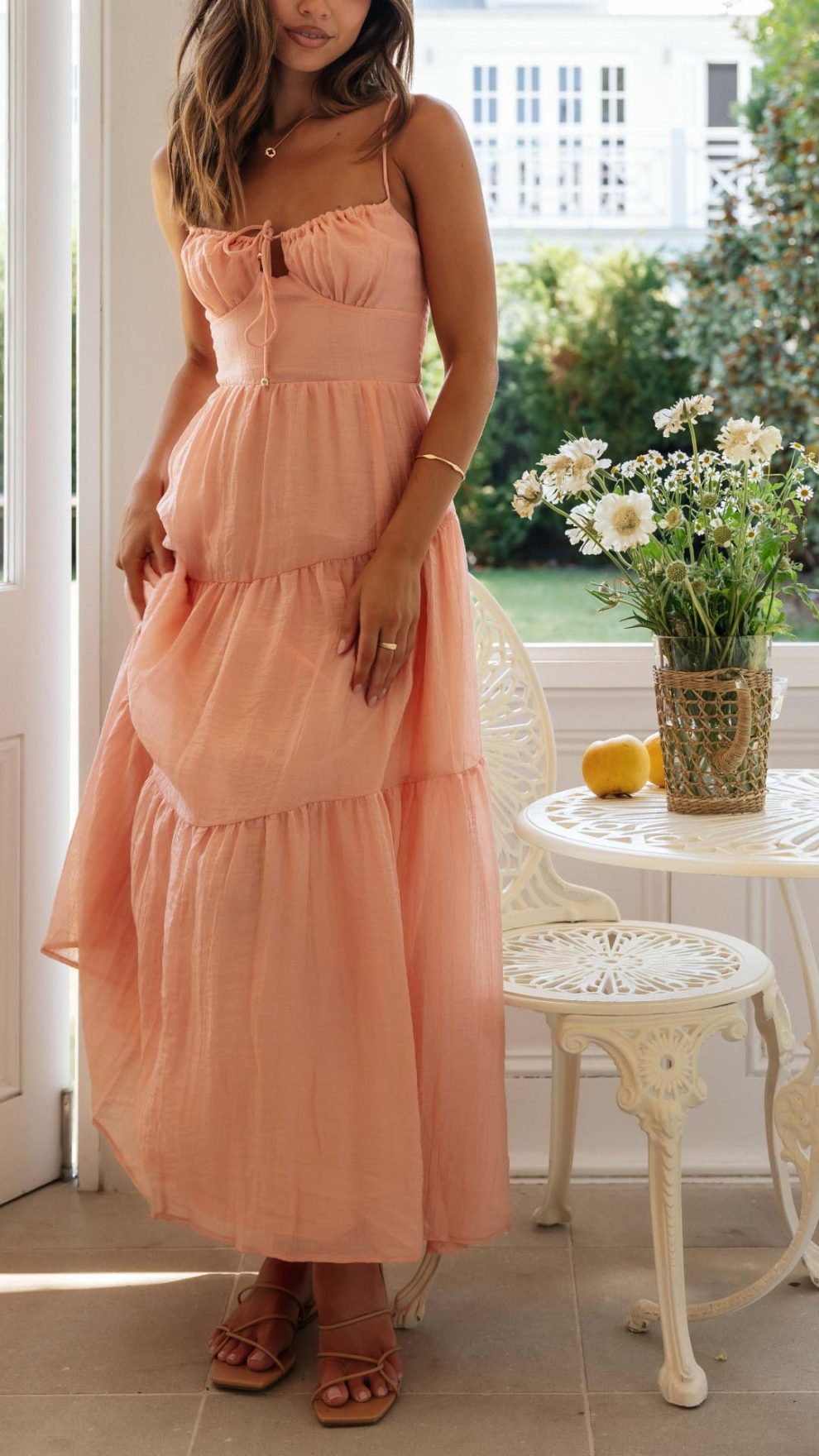 TAN BROWN SWEETHEART NECK TIERED MAXI WOMEN DRESS