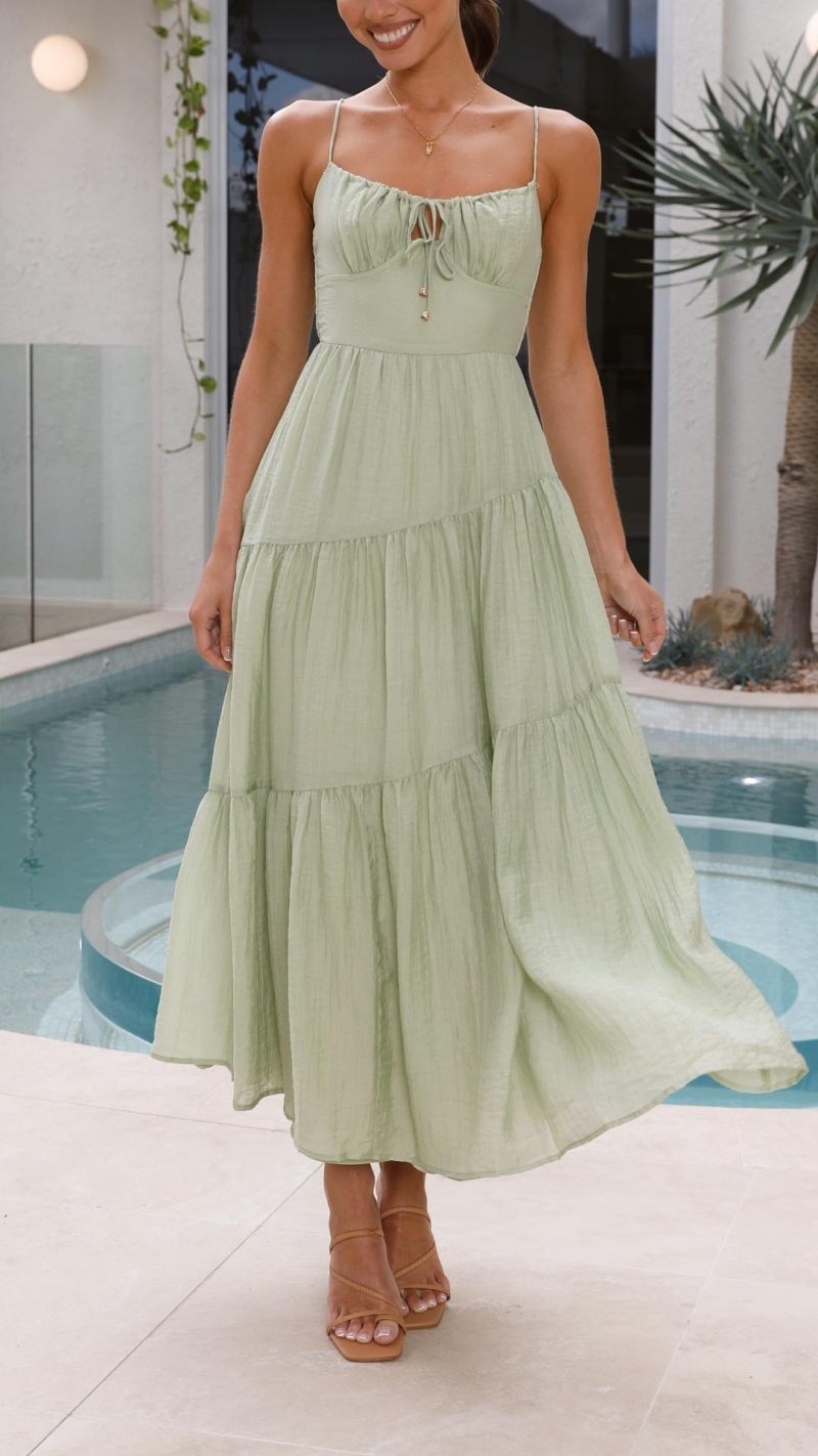 Toperth Green Sweetheart Neckline Tie-Up Maxi Dress – Toperth