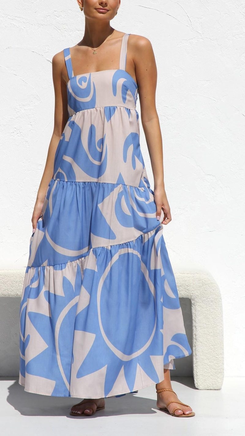 Toperth Blue Chic Straight Neckline Shirred Maxi Dress – Toperth