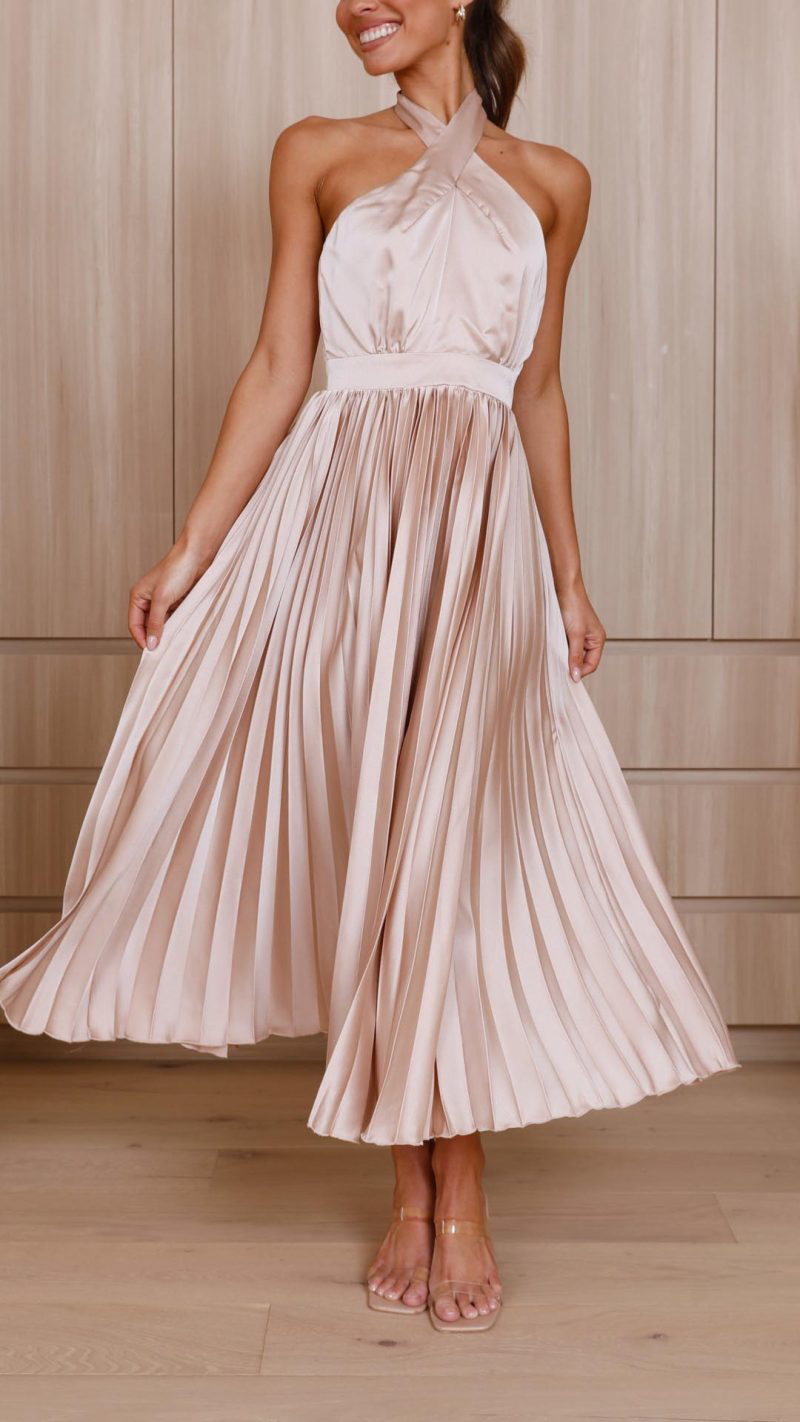 Toperth Elegant Halterneck Pleated Midi Dress – Toperth