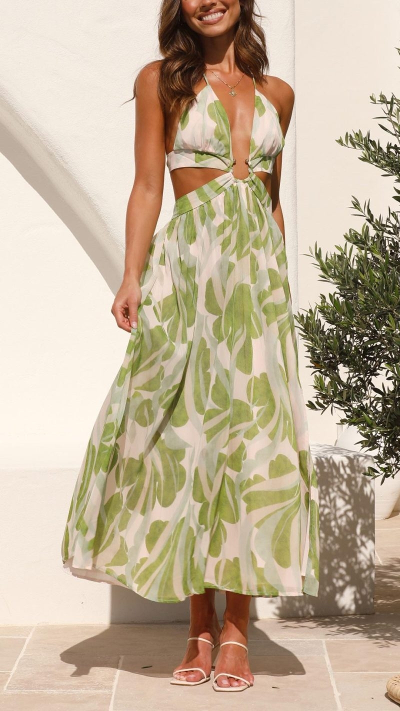 Toperth Tropical Leaf Print Metal Ring Waist Maxi Dress – Toperth