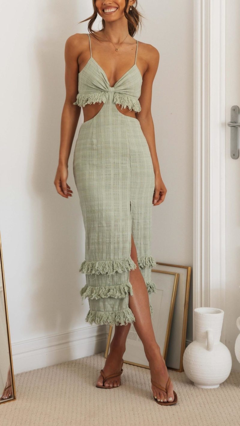 Toperth Summer Green Elegance Tassel Detail Midi Dress – Toperth