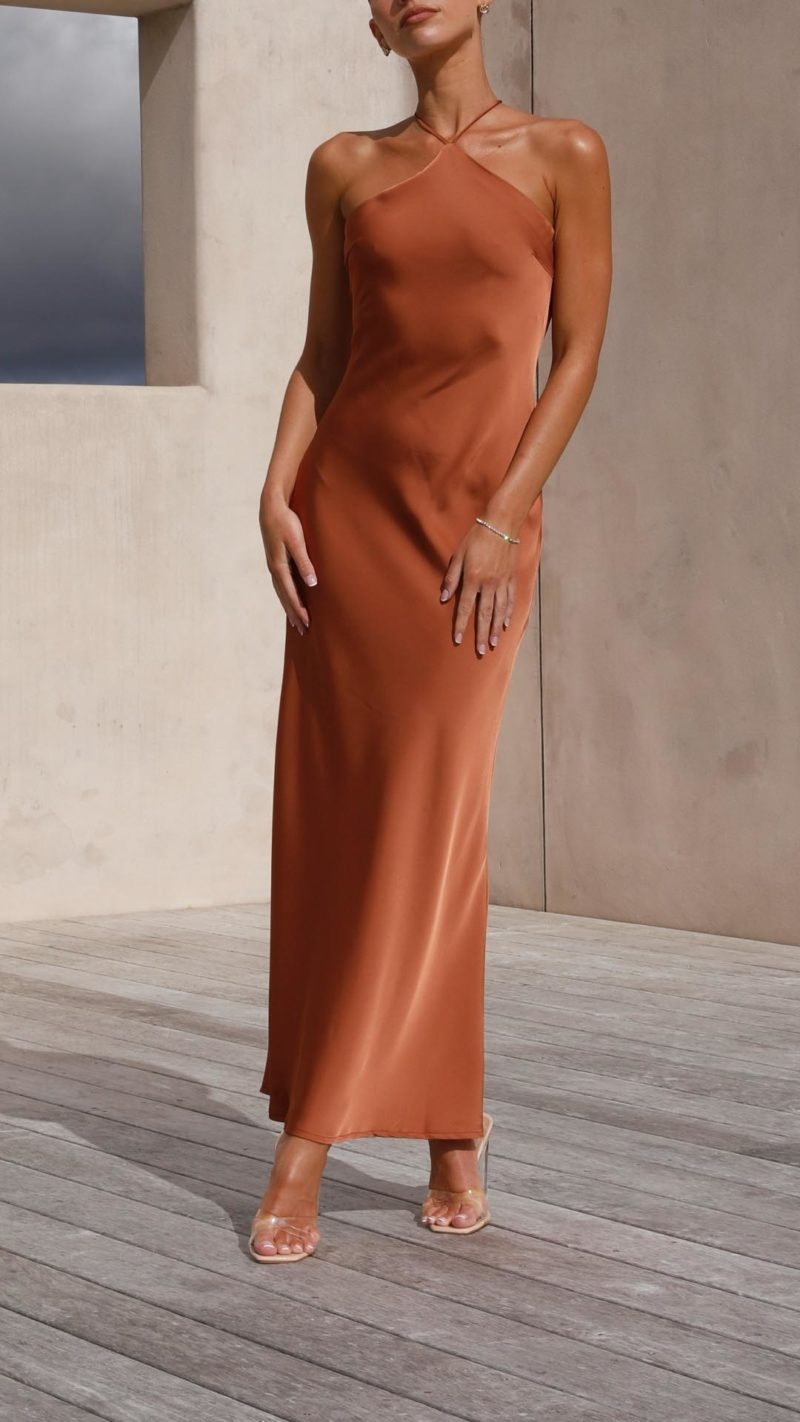 Toperth Sunset Brown Halter Tie-Up Back Maxi Dress – Toperth