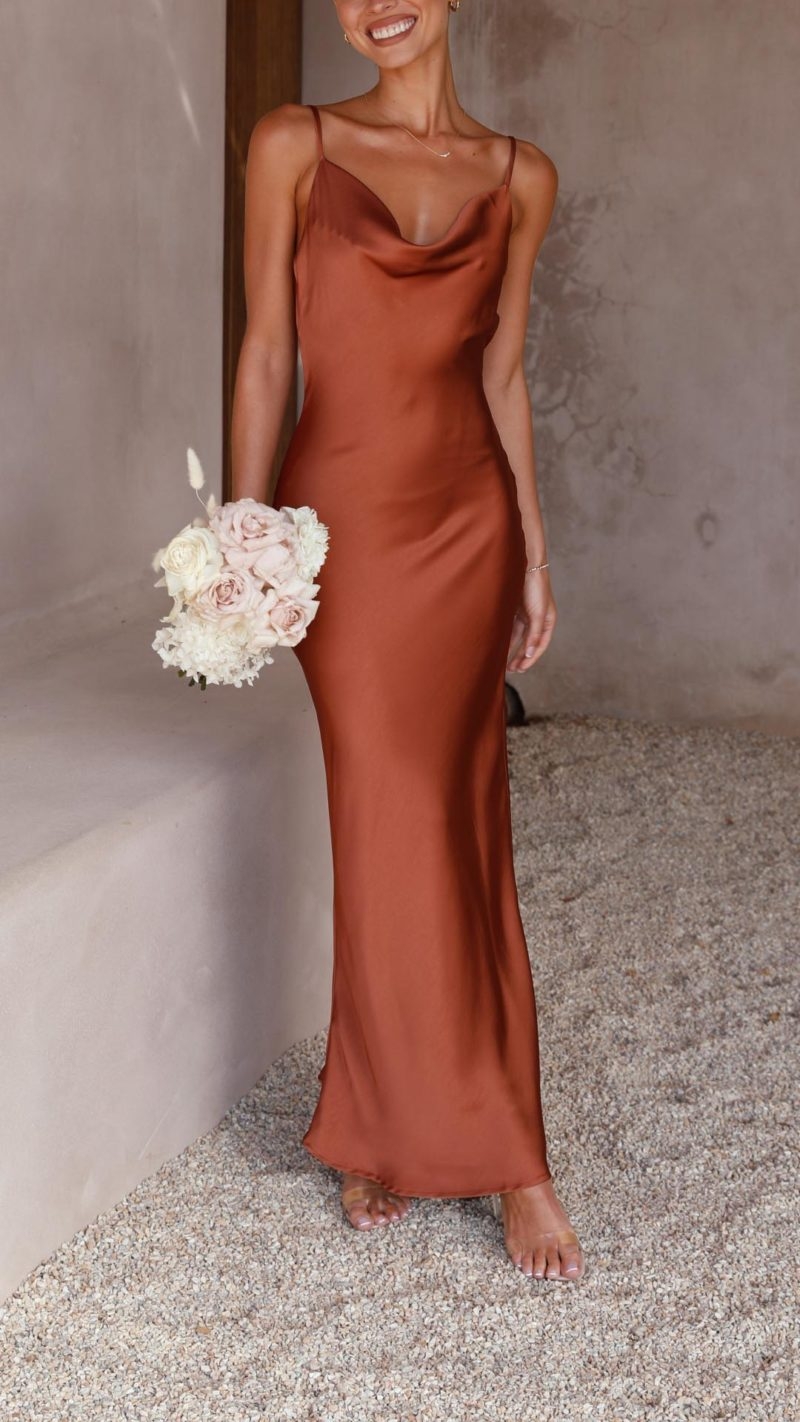Toperth Elegant Brown Draped Satin Maxi Dress – Toperth