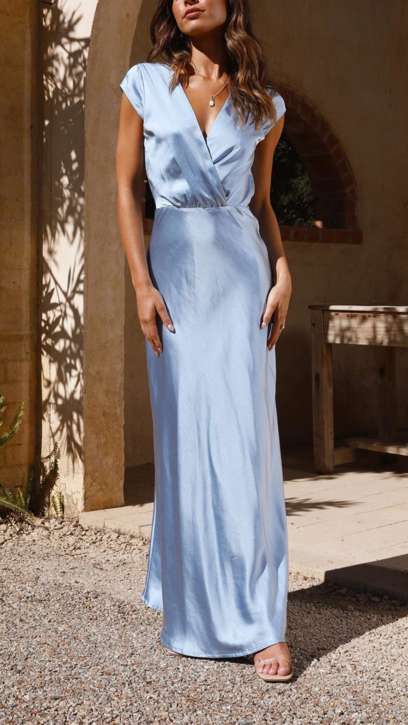 Toperth Serene V-Neckline Blue Wrap-Style Maxi Dress – Toperth